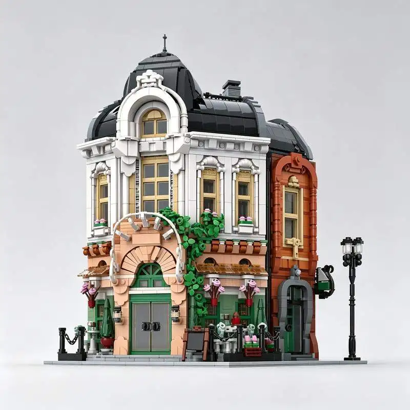 4412PCS MOC Parisian Cafe Fleur Flower Shop Model Custom Puzzle Architecture Street Corner DIY Assembly Building Blocks Gift
