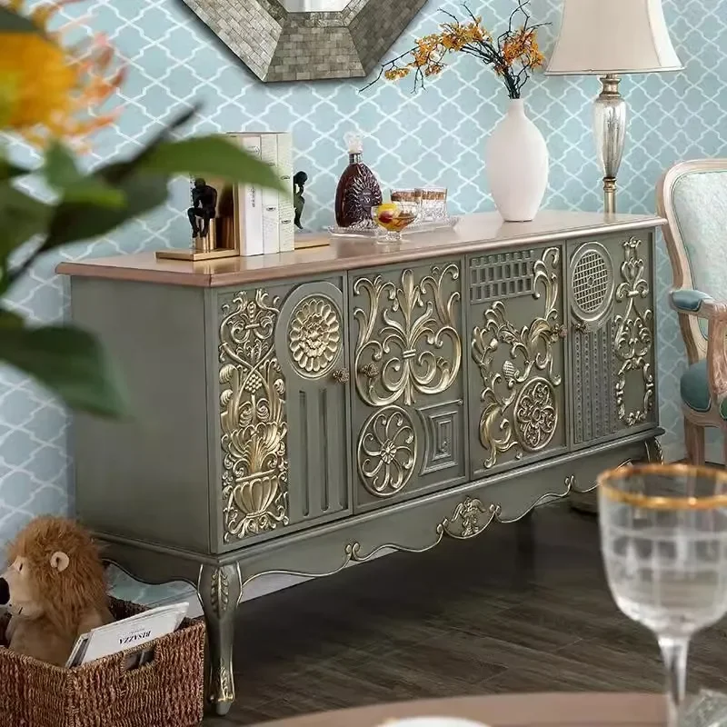 Retro Solid Wood Dining Side Cabinet Neoclassical Entrance Console Table Carved Hand Painted Decorative Storage Locker for