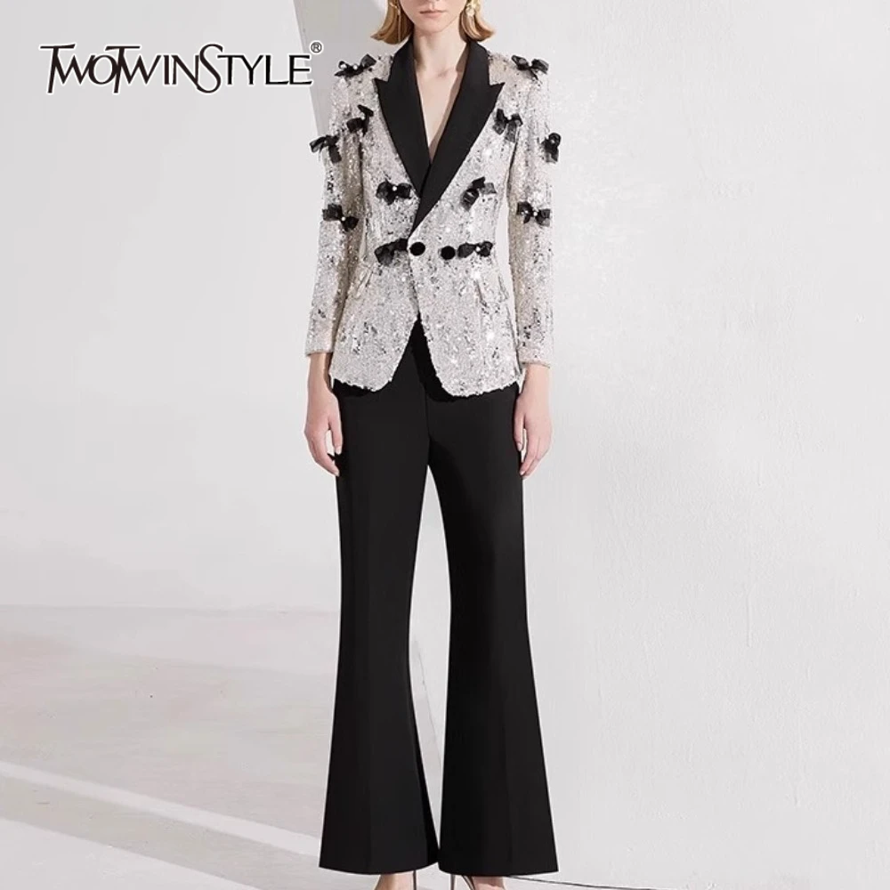 

TWOTWINSTYLE Hit Color Spliced Bow Two Piece Sets for Women Lapel Long Sleeves Patchwork Sequin Top Pant Elegant Set Female New