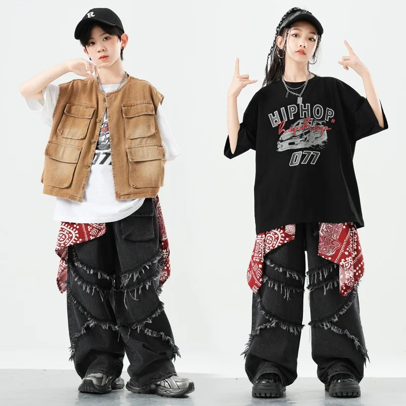 Hip Hop Stage Boys Vest Tshirt Cargo Pants Girls K-pop Cool Jazz Jacket Street Dance Costumes Children Clothes Kids Streetwear