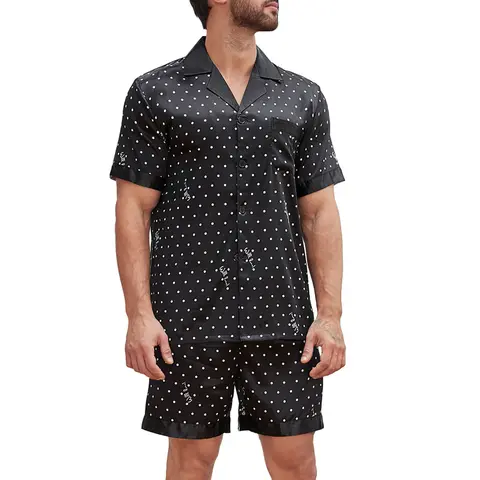 Men Silk Satin Pajamas Sets Short Sleeve Sleepwear Button-Down PJs Sets Two-Pieces Loungewear