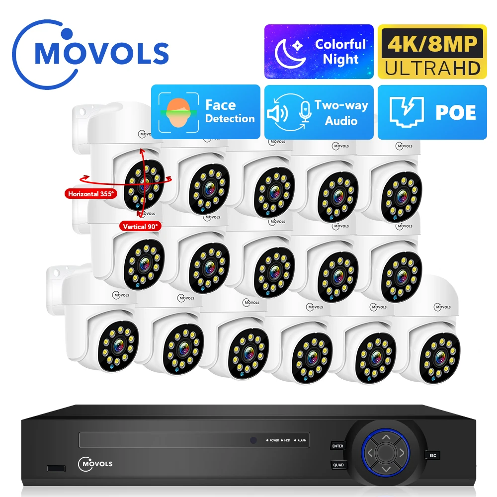 Movols 4K 16CH XMEYE POE Surveillance System 8MP 4MP Two Way Audio PTZ CCTV System AI P2P Security Camera Video Surveillance Kit