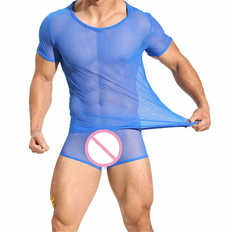 Sexy Mens Clothes Set See Through T-shirt Men Underwear Set Male Undershirts Slim Fitness Tops Boxer Shorts Underpants Sleepwear