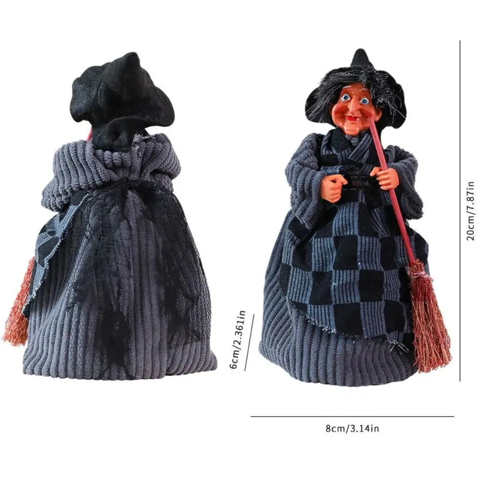 Regalo per bambini Statue di streghe con manico di scopa creativo Divertente retrò Halloween Strega Ornamento Artigianato di stoffa Figurine di streghe Disposizione della scena