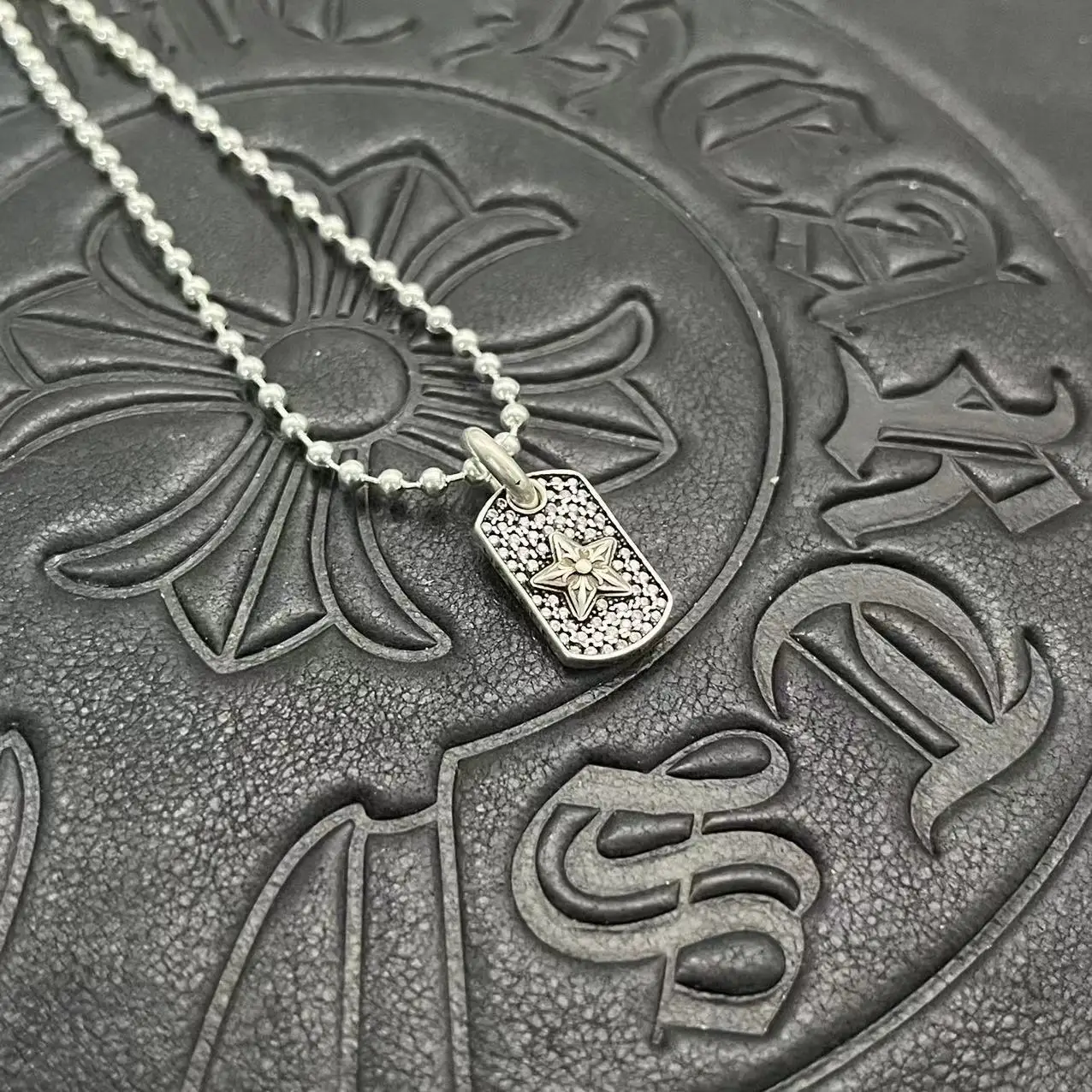 

S925 Pure Silver wholesale trendy mini full diamond pentagram small tag necklace Thai silver retro cross-border sweater chain
