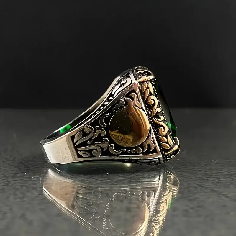 New Fashion Classic Zun Gemstone Two Color Art Engraved Ring Vintage Men's Ring Red Gemstone, Blue Gemstone, Green Gemstone Ring