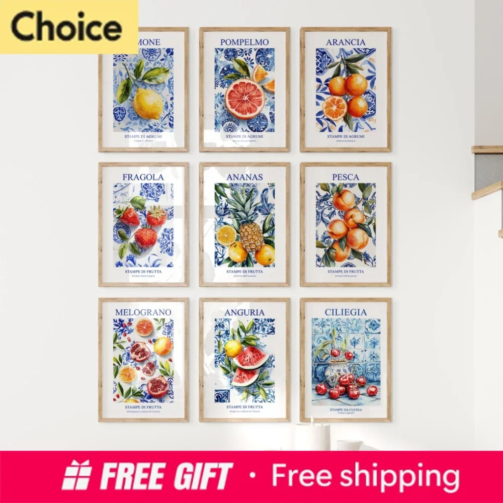 Póster con estampado de azulejos mediterráneos en azul y blanco, con diseño de diamantes de pomelo en acuarela italiana, para cocina y comedor