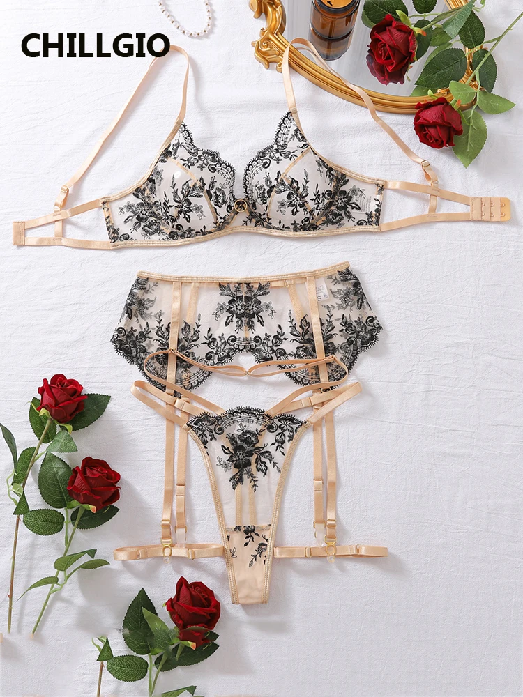 

CHILLGIO Women Embroidery Mesh Sexy Bra And Panties Set Erotic Lingerie Luxury Party 3 Pieces Sheer Sexy Adult Female Underwear
