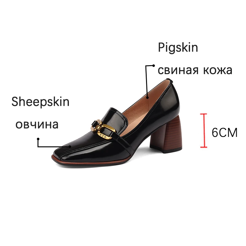 New Spring Woman Shoes Leather Shoes Women Slip-On Loafers Women Pumps Metal Chain Square Toe High Heels Shoes Zapatos De Mujer