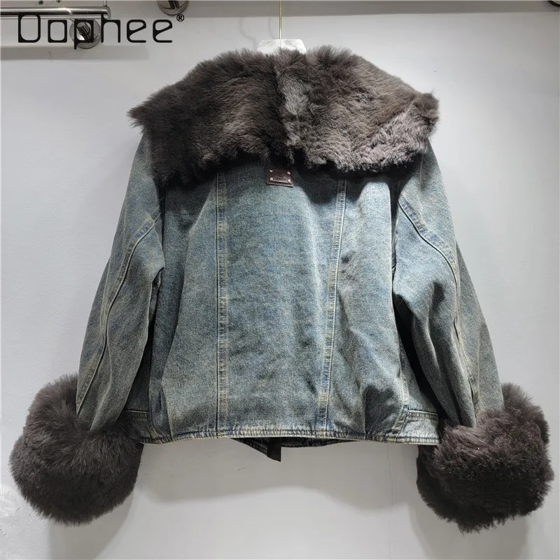 Europäischen Stil Mode Pelz einteiliges Patchwork Denim Parka Frauen High-End-Vintage Plüsch Lange Ärmeln Verdickt Faux Pelz mantel
