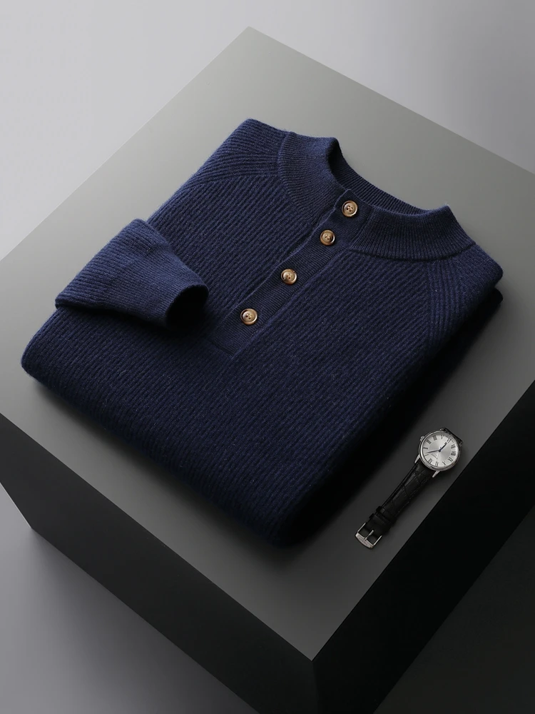MEETCC Autumn Winter Men 100% Cashmere Pullover Autumn Winter Soft Warm O Neck Sweater Luxury Cashmere Buttoned Knitwear Tops