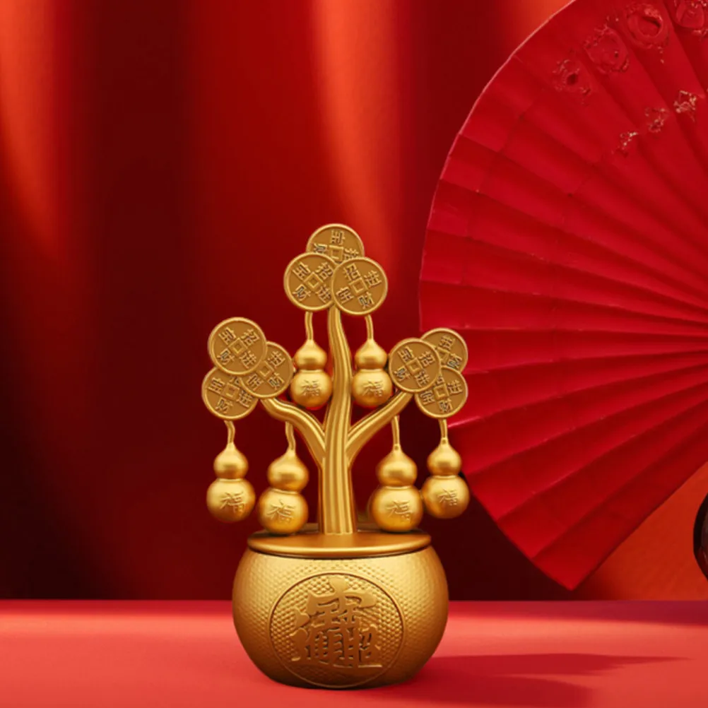 Drehbarer Goldener Wohlstandbaum Feng Shui Geldbaum mit Wu Lou Münzen Messing-Glücksskulptur für Wohnzimmer TV-Schrank Weinregal