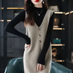 Pullover knitted vest skirt long V-neck casual loose sweater solid 2023 autumn and winter knitted sleeveless women vest sweater