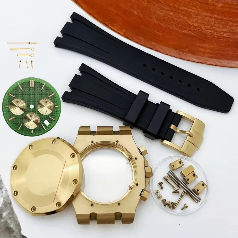 41mm Modified Accessory Silver Gold Watch Men Chronograph Stainless Steel Case Strap for Oak Japan VK63 Quartz Movement No Logo