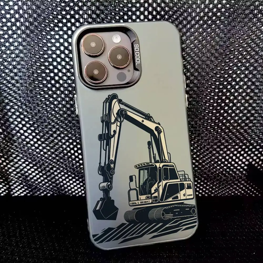 iPhone 16、15、14、13、12、11、8、7、Pro、Max、Plus、Mini、XS、SE用ショベルカー風スマホケース、耐衝撃、ブラックマットハード