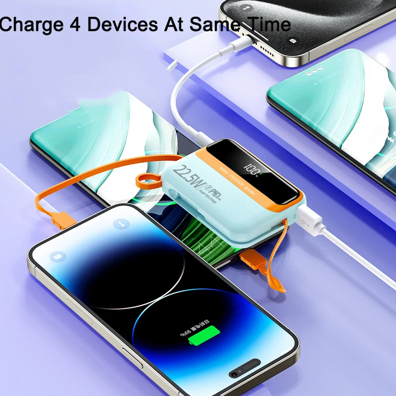 Mini Power Bank 20000mAh 22.5W Fast Charging Built in Cables Powerbank External Battery Charger for iPhone Samsung Huawei Xiaomi