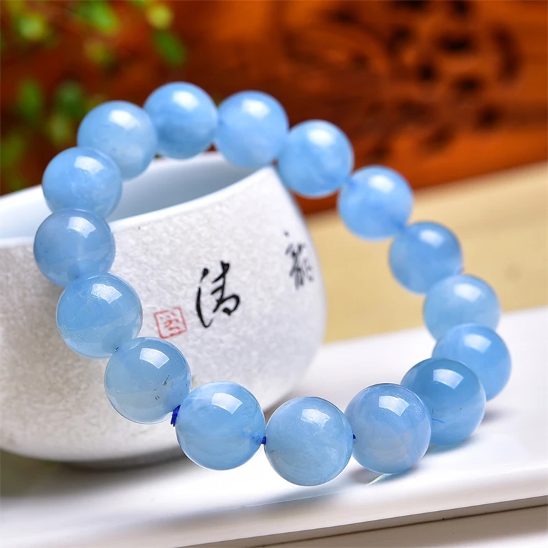 12.5MM Natural Clear Aquamarine Bracelet Rock Crystal Stone Reiki Healing Beads Fashion Men Women Bangles Yoga Jewelry Gift