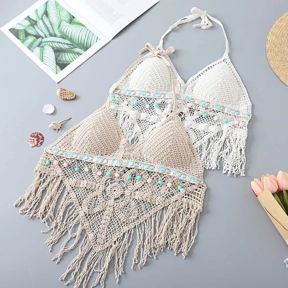 

Повседневная женская вязаная крючком майка без рукавов, короткая жилетка с v-образным вырезом в богемном стиле, популярные топы, тонкие вязаные укороченные топы, пляжная одежда