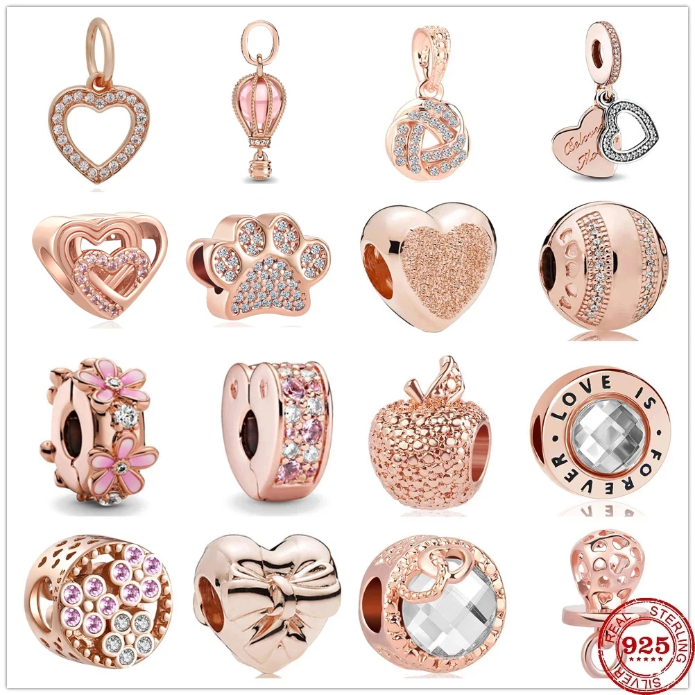 New Original 925 Sterling Silver Pink Daisy Love Spacer Clip Bead Charms Rose Gold Fit Pendant charm Bracelets Women DIY Jewelry