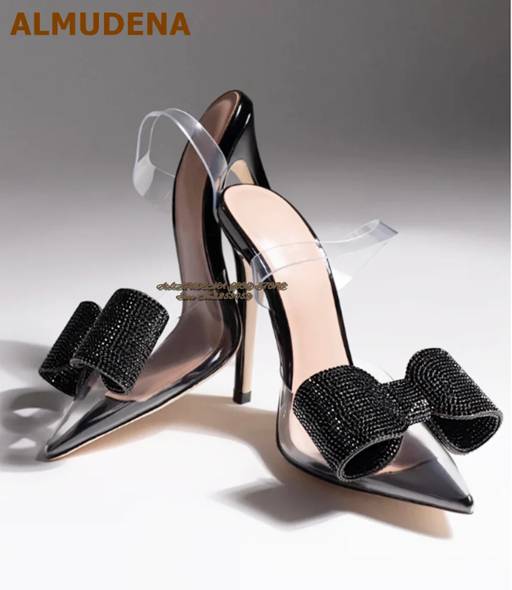 ALMUDENA Black Silver Glitter Crystal Butterfly-knot Wedding Shoes Clear PVC Slingback Pumps Rhinestone Big Bowtie Footwear