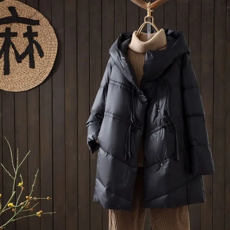เสื้อแจ็คเก็ตดาวน์ผู้หญิงสไตล์จีนย้อนยุคใหม่สำหรับฤดูใบไม้ร่วงและฤดูหนาว ทรงหลวม สวมใส่สบาย