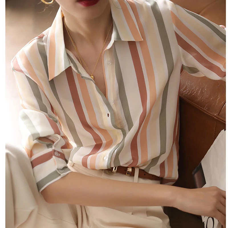 2023 Spring Autumn New Fashion Striped POLO Collar Long Sleeve Shirt Women Korean Style Elegant Contrast Color All-match Blouse