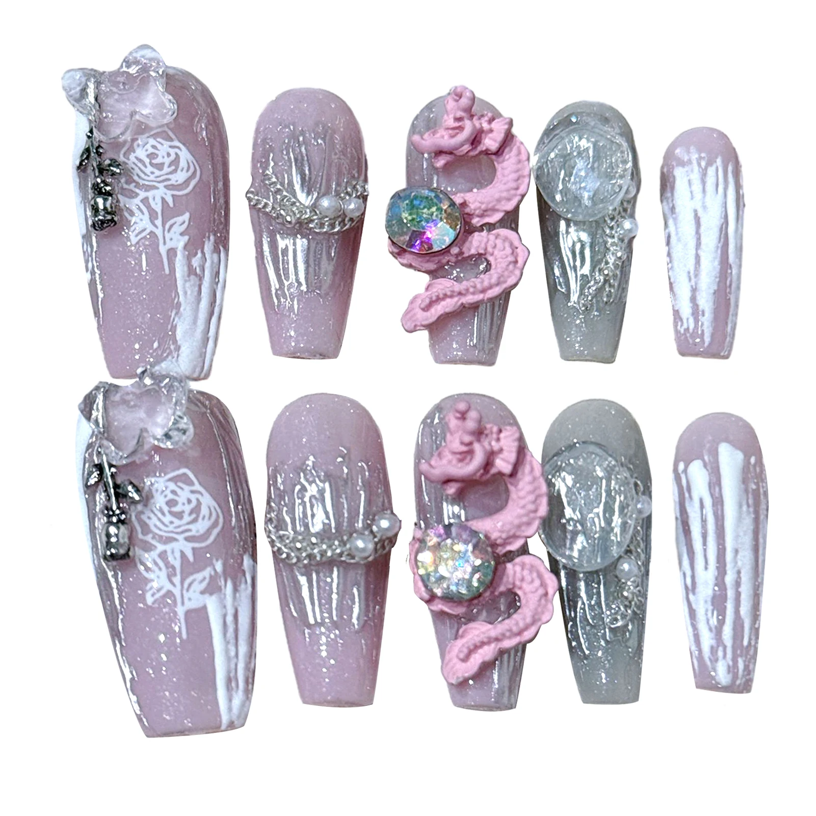 10pcs Woman Coffin Fake Nail Removable Dragon Artificial Nail with Rhinestones for Hand Decoration Nail Art