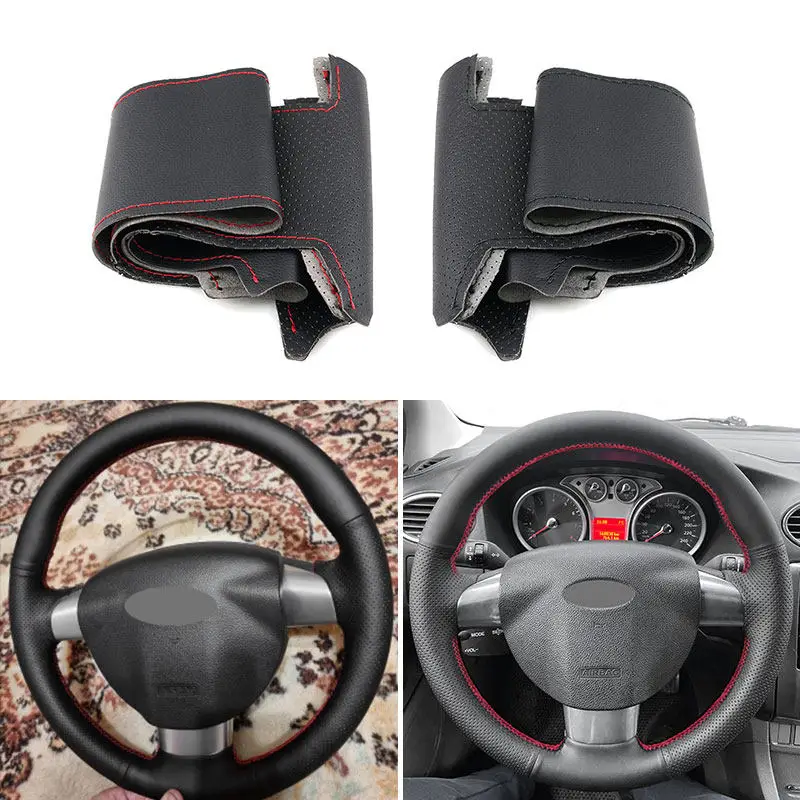 Hand Sewing Perforated Leather Car Inner Steering Wheel Cover Trim For Ford Focus 2 2005 2006 2007 2008 2009 2010 2011 3-Spoke