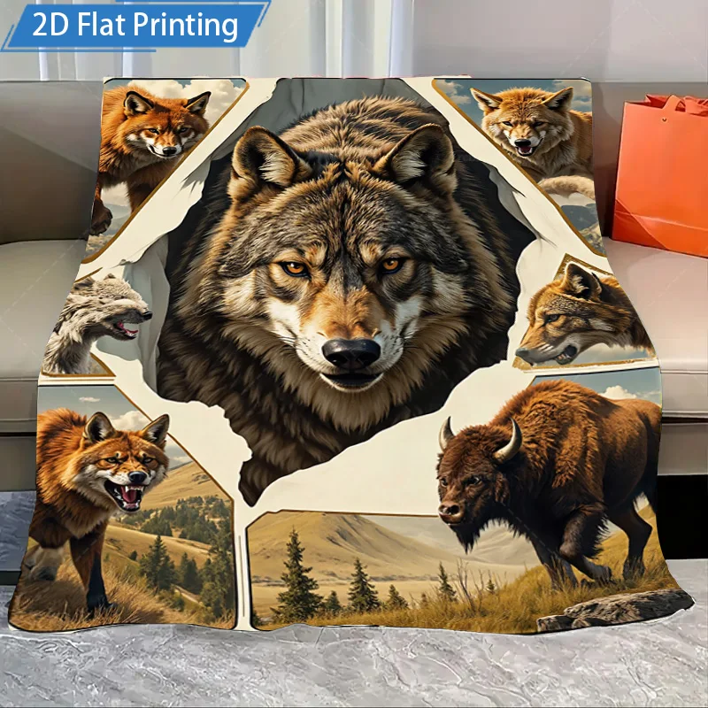 

1 шт. фланелевое одеяло, флисовое одеяло с 2D принтом «Дикий волк и бизон» — дизайн сцены природного животного