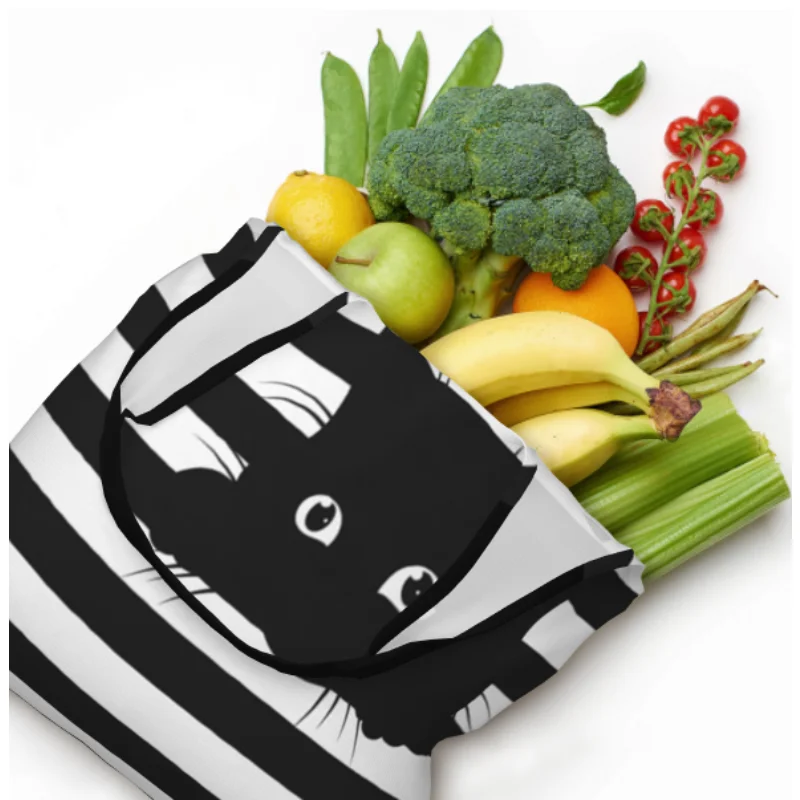 أبيض وأسود مخطط القط البقالة التسوق حمل الحقائب النساء التقليدية الصباغة الفن قماش حقائب الكتف للمتسوقين القدرة