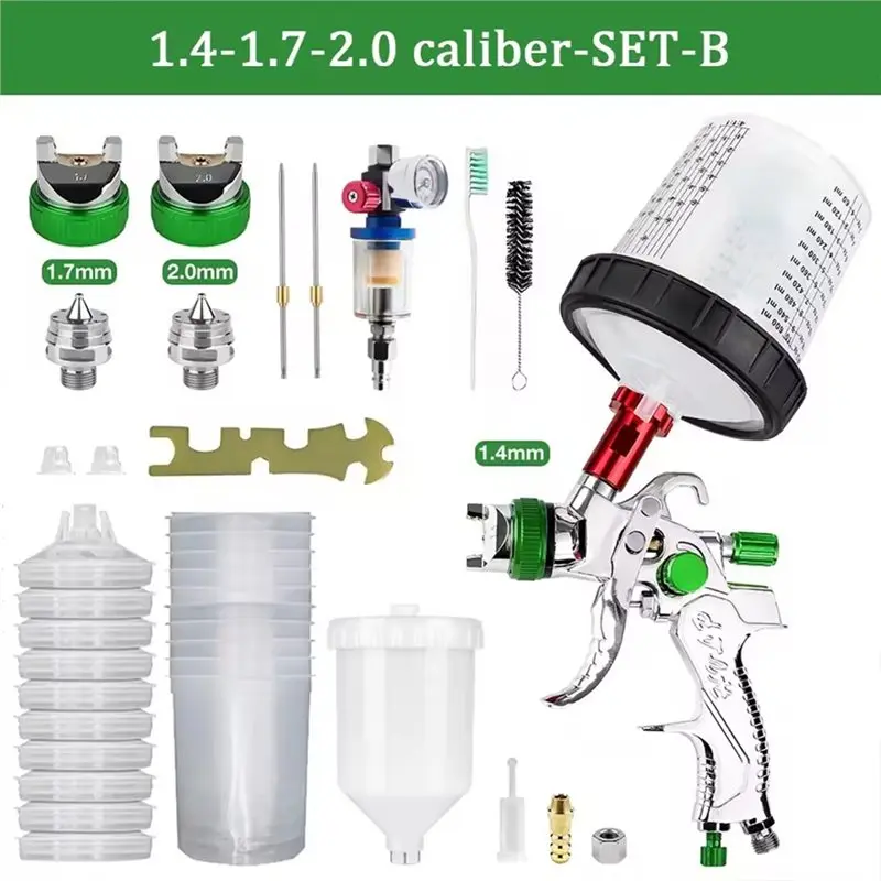 SYW-HVLP Spray Gun 1.4+ 1.7+ 2.0Mm Nozzle Kit Air Regulator Filters+ 10PCS No-Clean Paint Mixing Cups Green