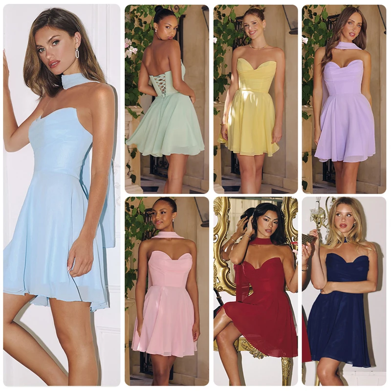 

2026 Halter Sweetheart Chiffon A-Line Mini Dress Lace Up Back Sleeveless Short Dresses Homecoming Prom Bridesmaid Wedding Party