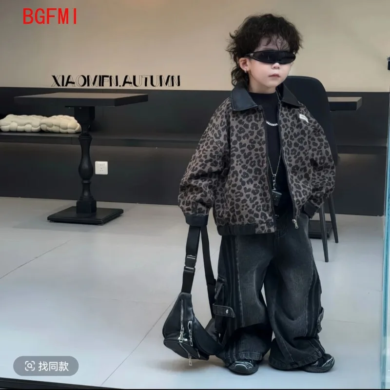 

Kids Boys Spring Autumn Top Wide Leg Jeans Suit Korean Leopard Pattern Spliced Leather Children's Jacket Denim Overalls 2pcs Set