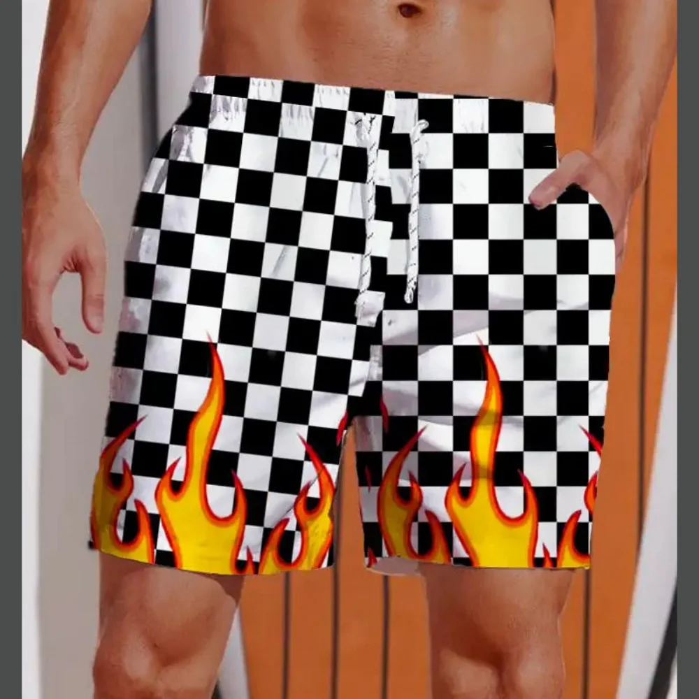 

3D Printed Striped Flame Beach Shorts Men's Splicing Motorcycle clothes Shorts Summer Drawstring Breathable Hawaiian Swim Trunks