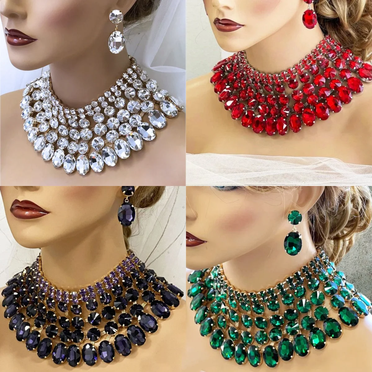 

3 pcs/set Luxurious Exaggerated Full of Rhinestone Pendant Necklace Earrings Set For Women Exquisite Wedding Bride Accessories