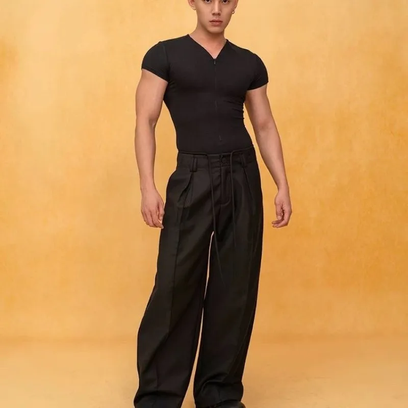 Men's Summer Black Slim Fit Zipper Deep V Neck Short Sleeve T Shirt Casual Trendy Undershirt Stretchy Athletic Gym Workout