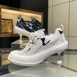 Air Mesh Lace Up Thin Heels Sneakers Women Mixed Color Patchwork Round Toe Slip On Casual Sneakers New Fashion Catwalk Slippers