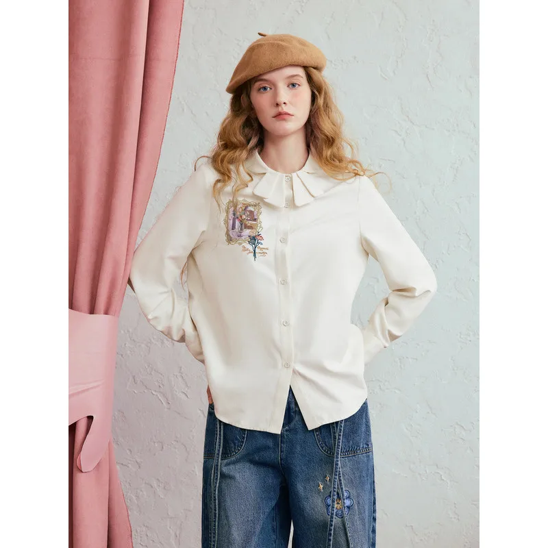 

Xiguang Fubai Women's Loose Embroidered Shirt with Pleated Collar and Print