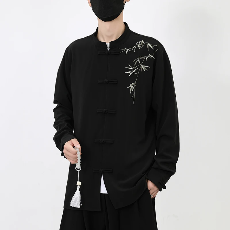 Chinese Style Bamboo Embroidery Stand Collar Button Down Long Sleeve Shirt Vintage Tang Dynasty Inspired Autumn Winter Top 5XL