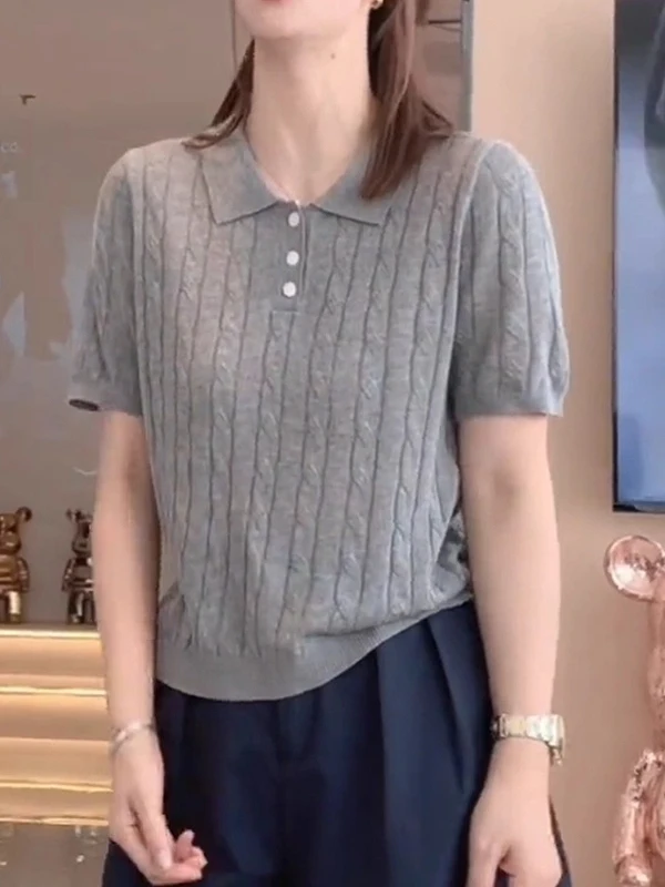 

plus Size Women's ey Ne Thin Knitted Top Summer Slimming ort Sve Faionable Casual Wear Comfortable Fit T-irt