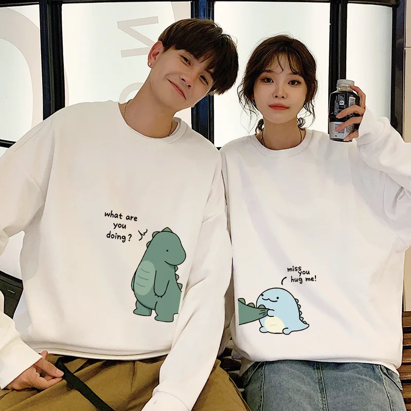 

Cute Little Monster Dinosaur Print Matching Couple Hoodies Sweatshirts 500G High Quality Cotton Men Women Long Sleeve Pullovers