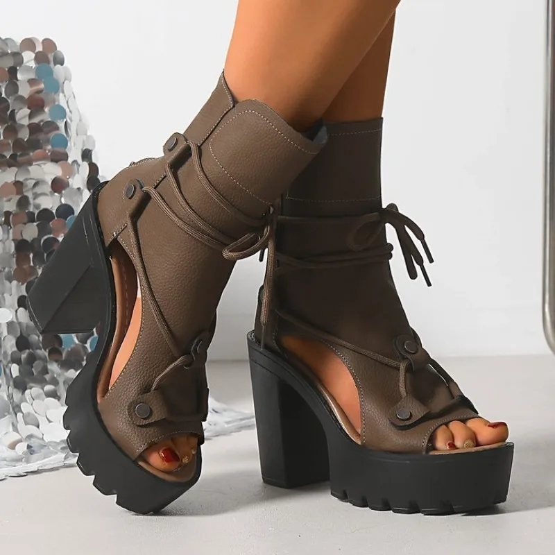Women's Platform High Heel Ankle Boots Open Toe Lace Up Sandals Textured Finish Chunky Block Heel Zipper Closure Fashion Shoes