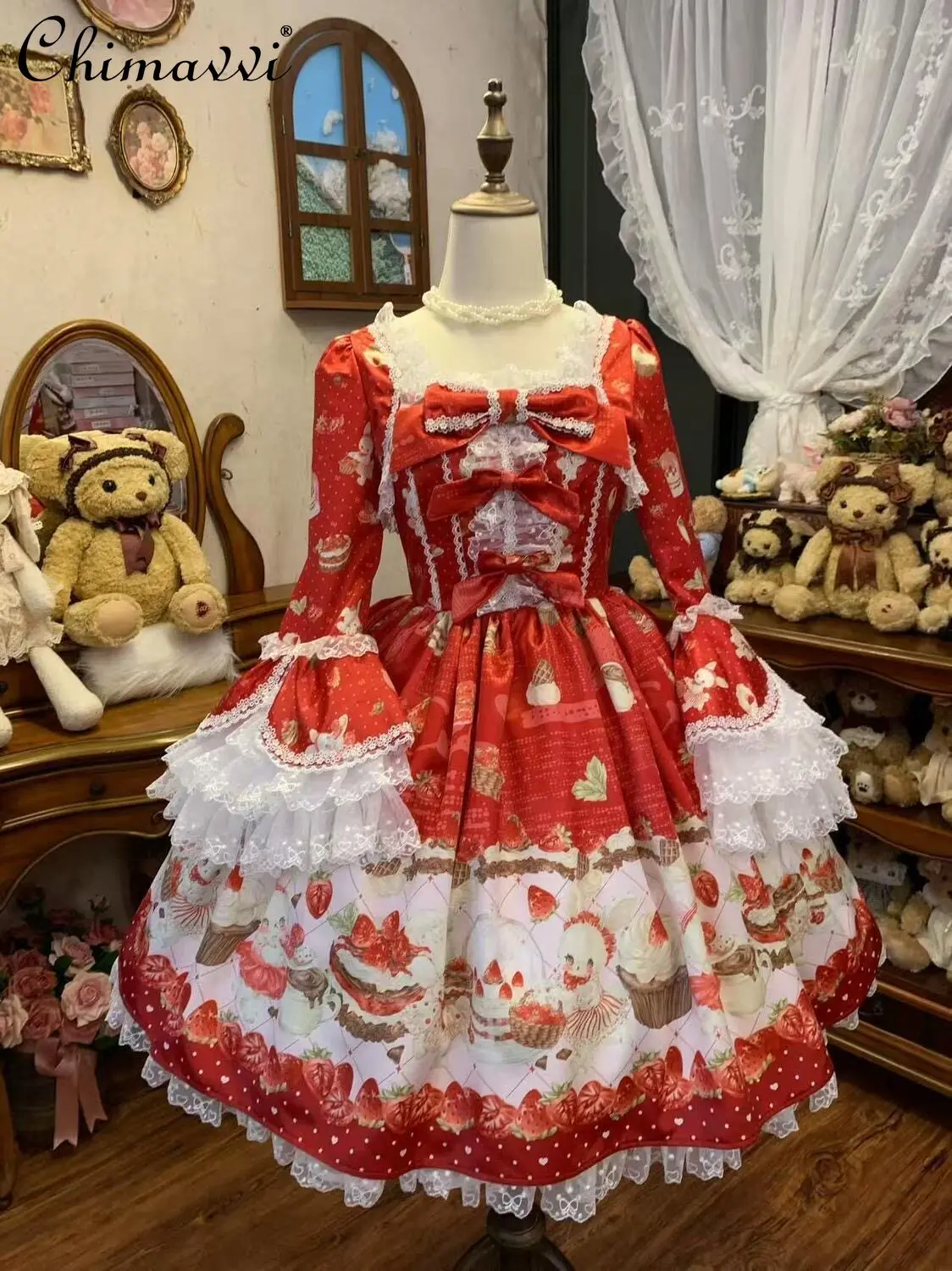 

Original Lolita Sweet Cute Strawberry Cake Print Op Dress 2026 Spring and Summer Women's Birthday Party Elegant Red Dress