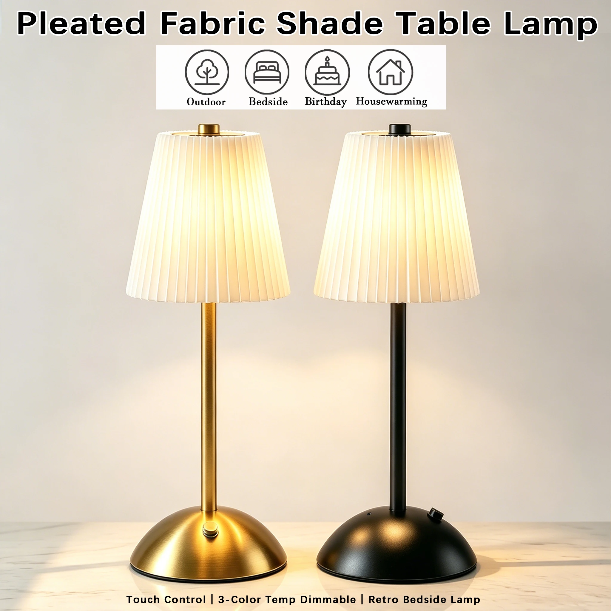 1pc Vintage Pleated Fabric Table Lamp Touch Control 3 Color Temperature USB Bedside Desk Lamp Retro Light Luxury Home Decor Gift