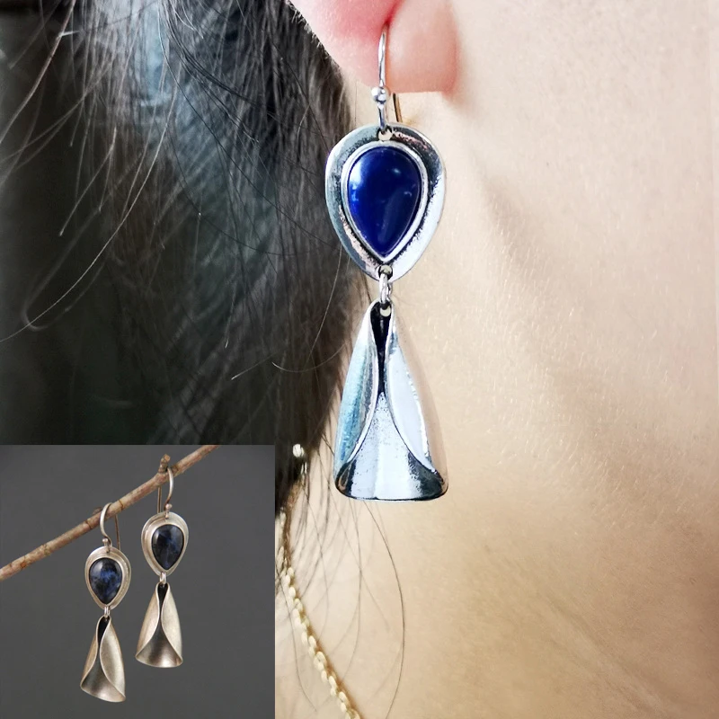 Vintage الجوف الجوف دوامة الأزرق حجر استرخى القرط للنساء مجوهرات القبلية معدن فضي اللون دوامة العرقية بوهو أقراط