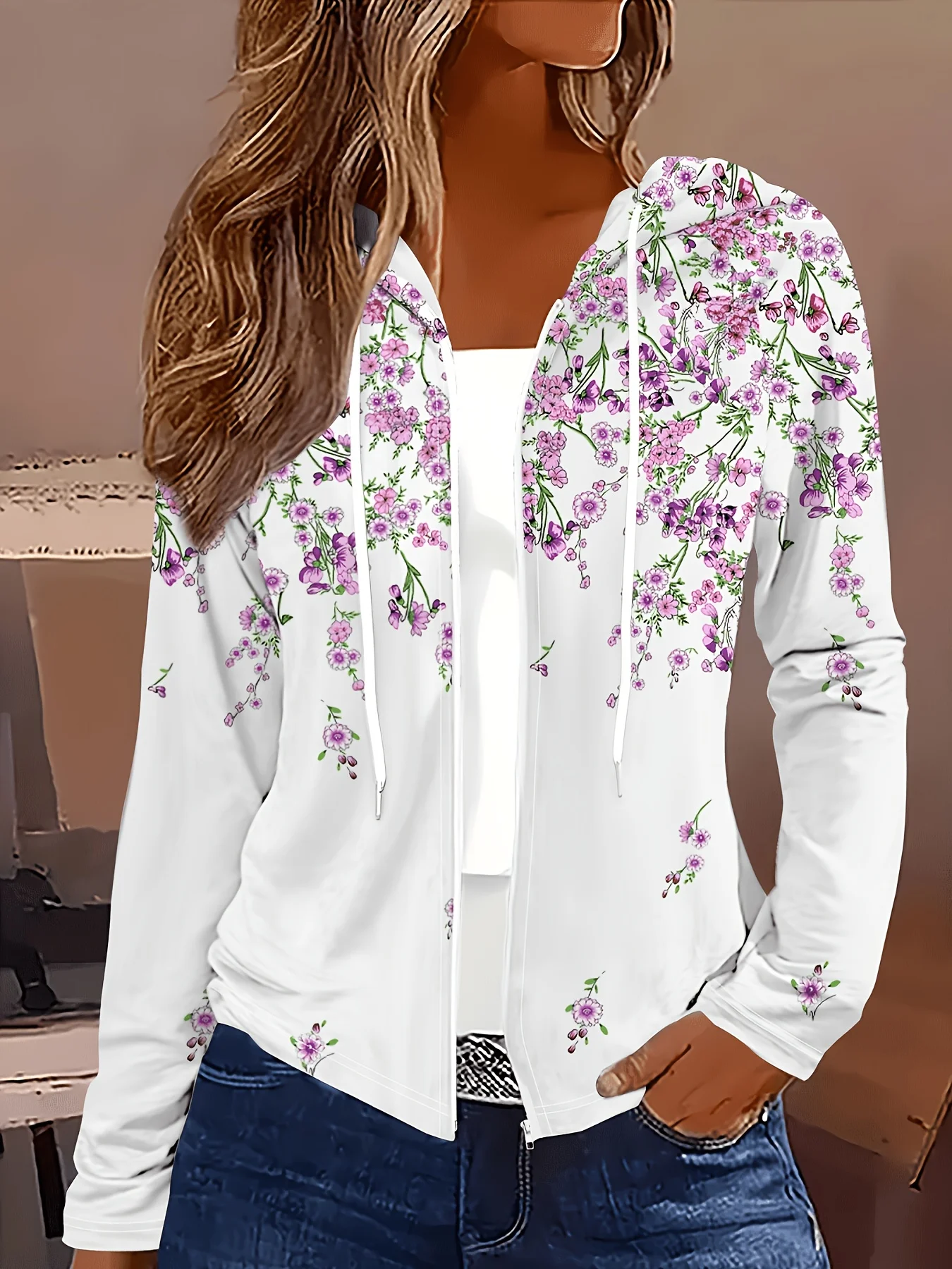 Printed Design Casual style purple flower patterned hooded jacket