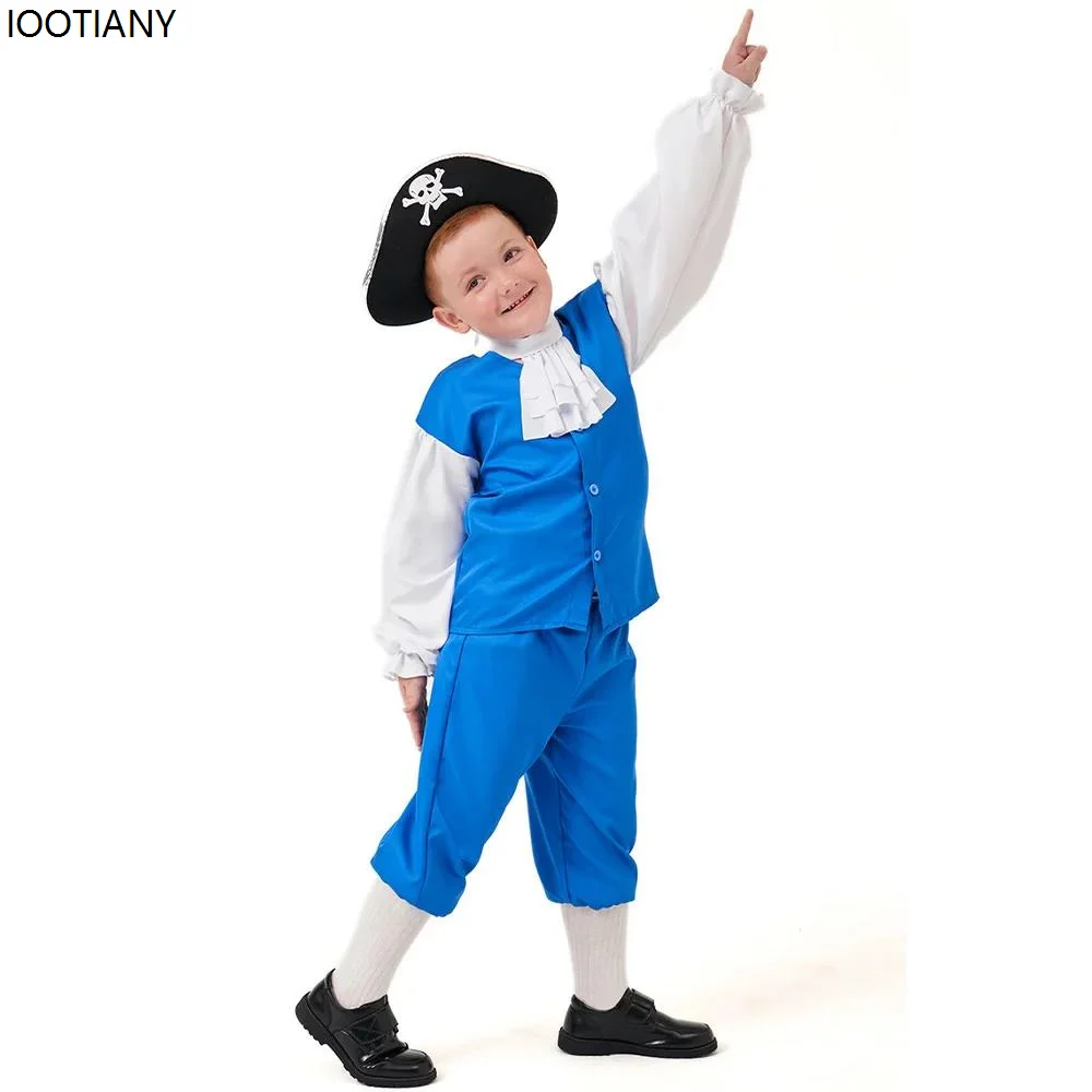 Costume de Cosplay du Capitaine Jack pour Halloween, Ensemble de Scène de ixde Carnaval, Navigateur Médiéval Bleu pour Enfant, Premier Mate, 7,5