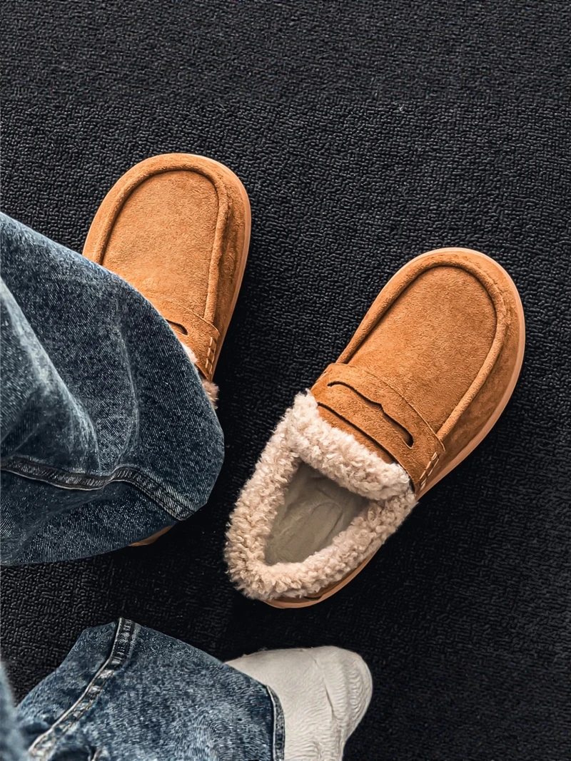 Men's Cotton Slippers Winter Warm Fleece Lined Casual Work Soft Bottom Leather Fur Integrated Retro  Cotton Shoes