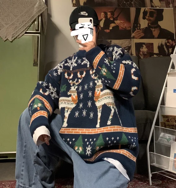 الأمريكية الرجعية متعة شجرة عيد الميلاد الأحمر جولة الرقبة الرجال سترة الخريف الشتاء فضفاضة عارضة زوجين الأزرق الأخضر محبوك سترة #5