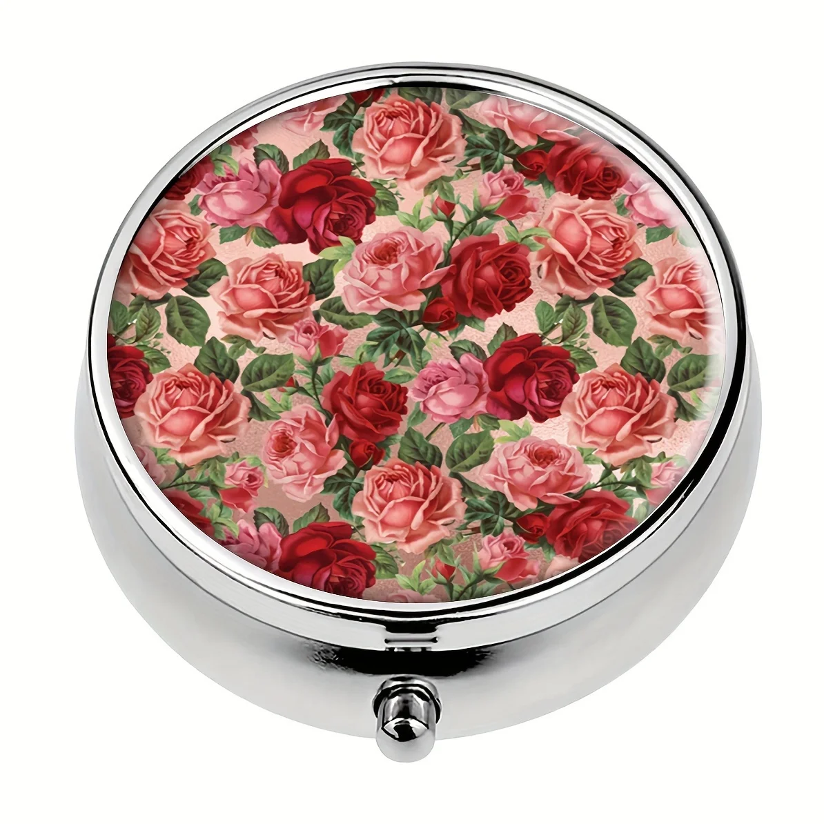 Elegant vintage floral pill box with 3 compartments – portable pink and red rose design, decorative round metal medicine organizer, suitable for purses or travel, purse pill box